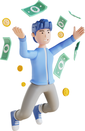 3D illustration man happy flying money